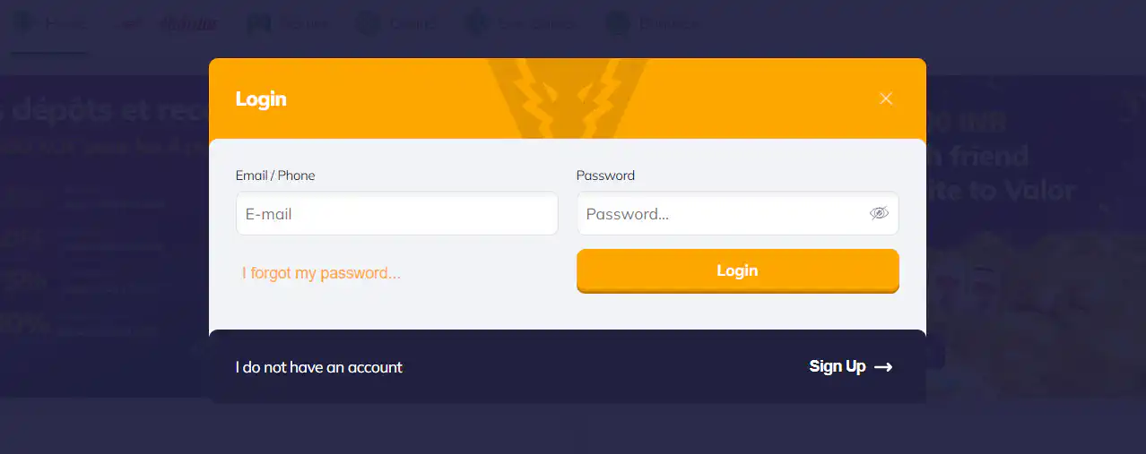 Casino ValorBet Login process